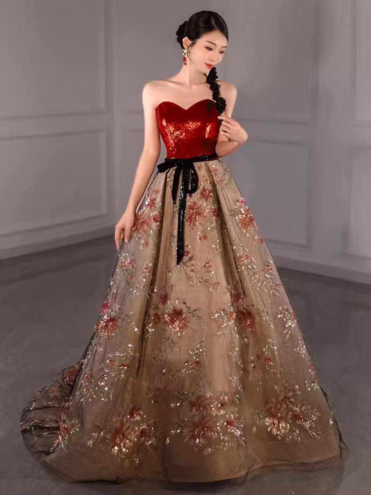 Fairytale Ball Gown Strapless Burgundy Sequin Long Evening Dress Prom Dress