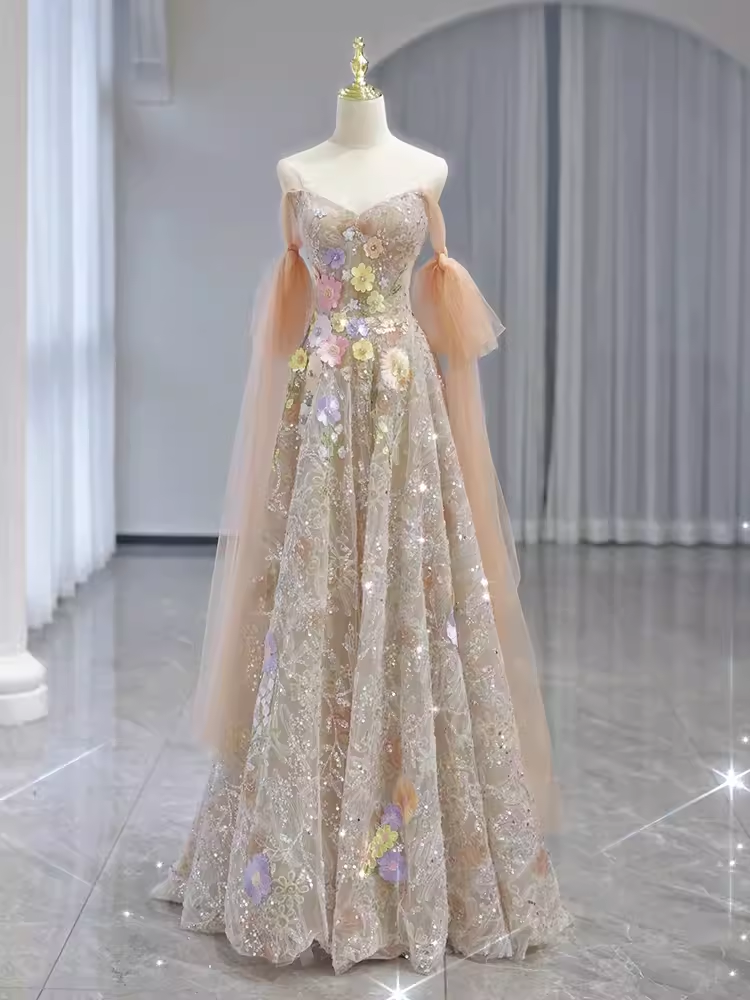 Fairytale A line Straps Floral Lace Long Evening Dress Prom Dress