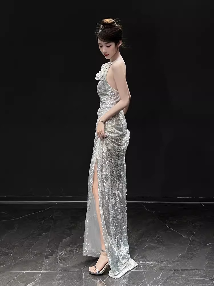 Sexy Mermaid One Shoulder Silver Sequin Long Prom Dress