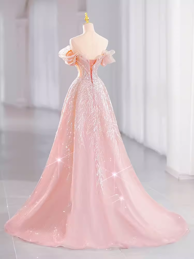 Fairytale A line Off The Shoulder Pink Sequin Long Evening Dress Prom Dress
