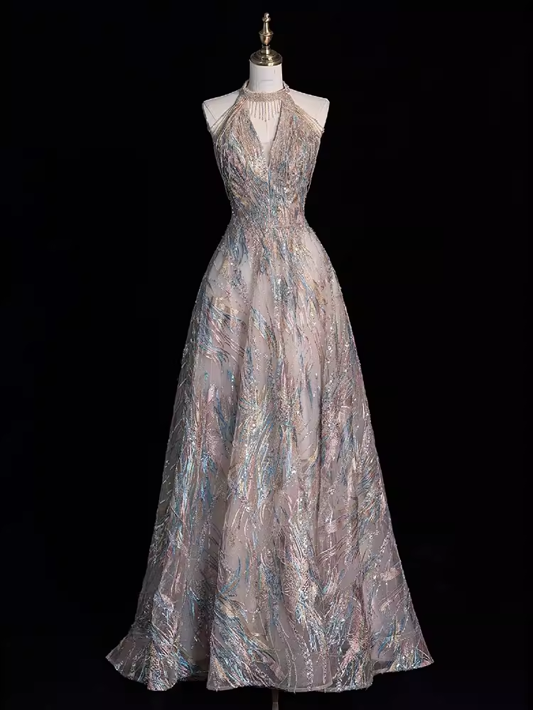 Fairytale A line High Neckline Sequin Beads Long Evening Dress Prom Dresses