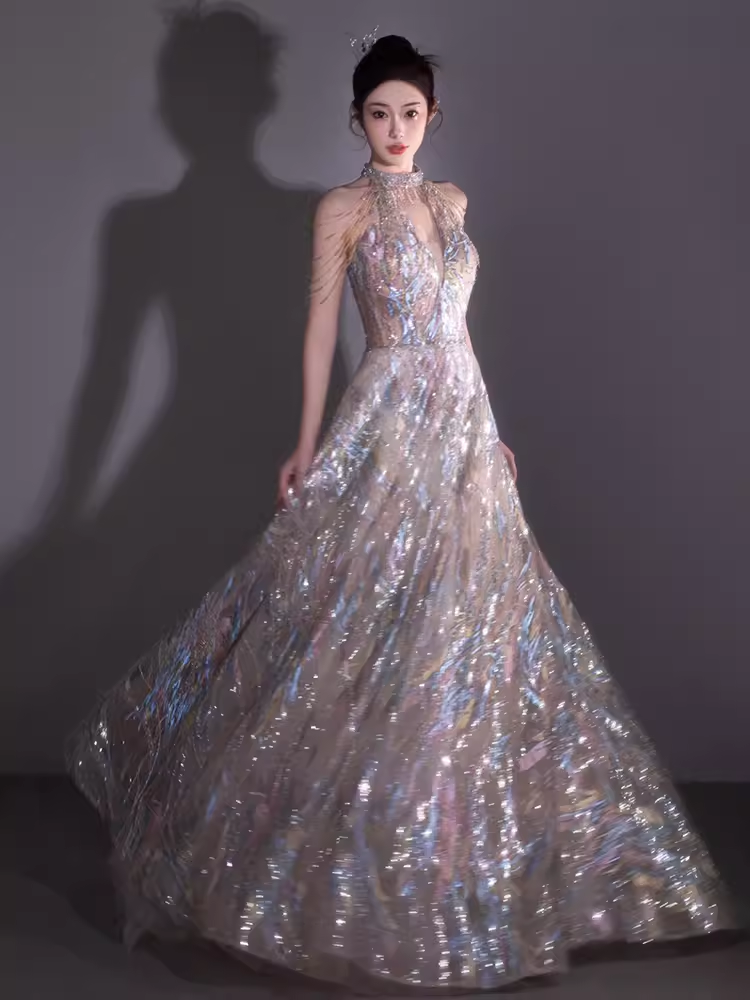 Fairytale A line High Neckline Sequin Beads Long Evening Dress Prom Dresses