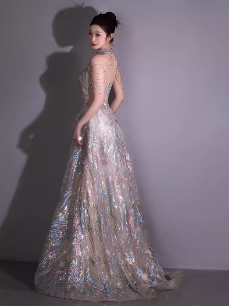 Fairytale A line High Neckline Sequin Beads Long Evening Dress Prom Dresses