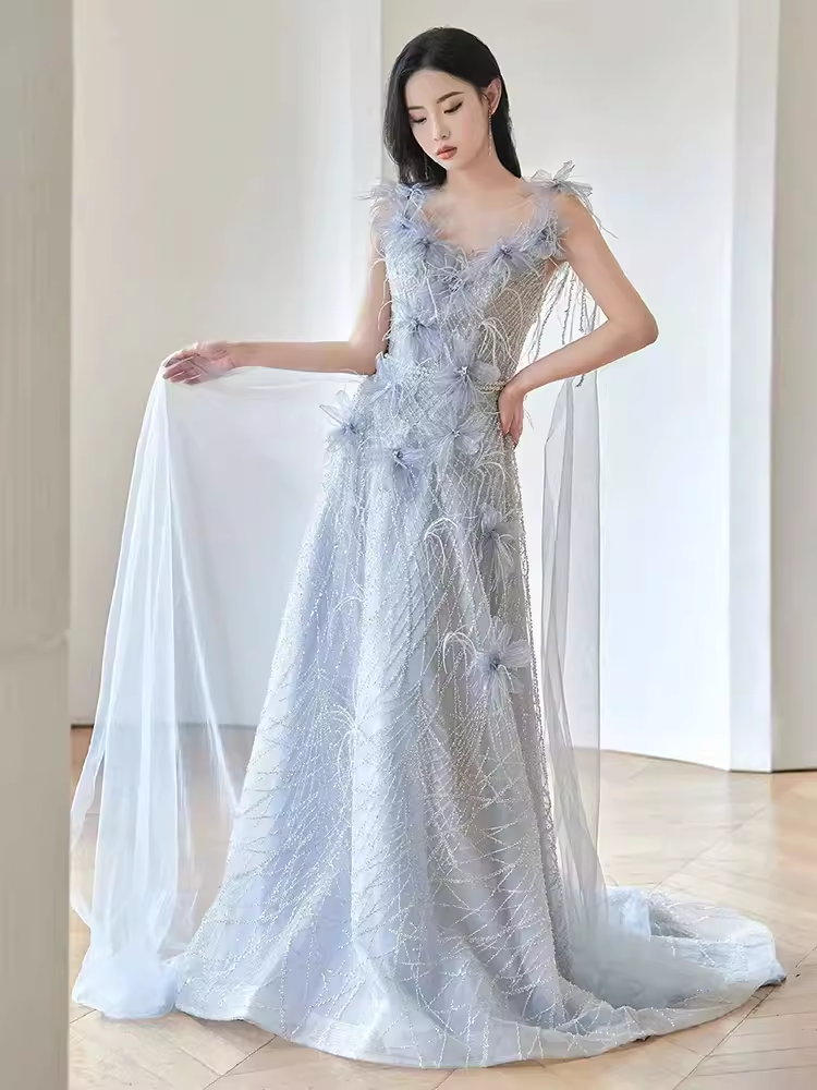 Fairytale A line Straps Sequin Beads Long Evening Dress Prom Dresses With Flowers