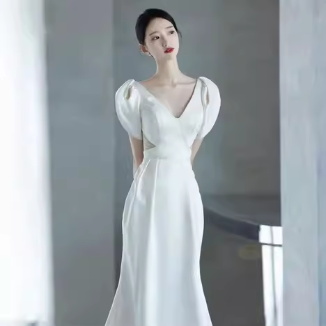 Simple Mermaid V neckline Short Sleeves White Satin Wedding Dresses