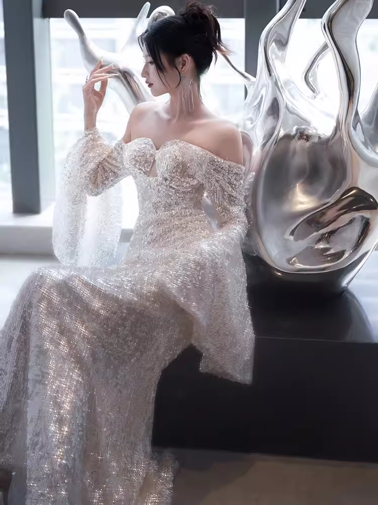 Sexy Mermaid Off The Shoulder Silver Sequin Long Prom Dress