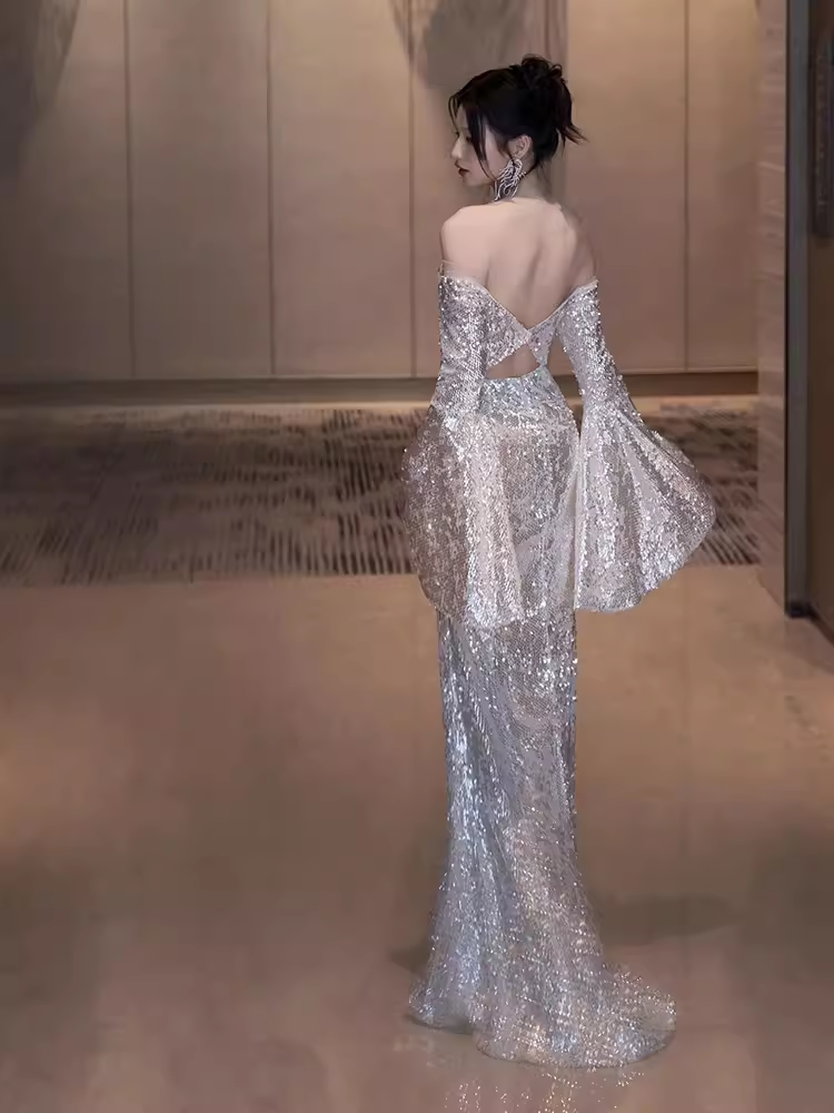 Sexy Mermaid Off The Shoulder Silver Sequin Long Prom Dress