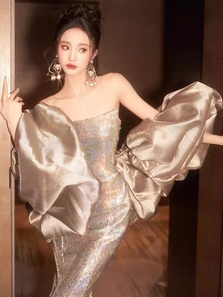 Sexy Mermaid Strapless Sequin Long Prom Dresses With Sleeves