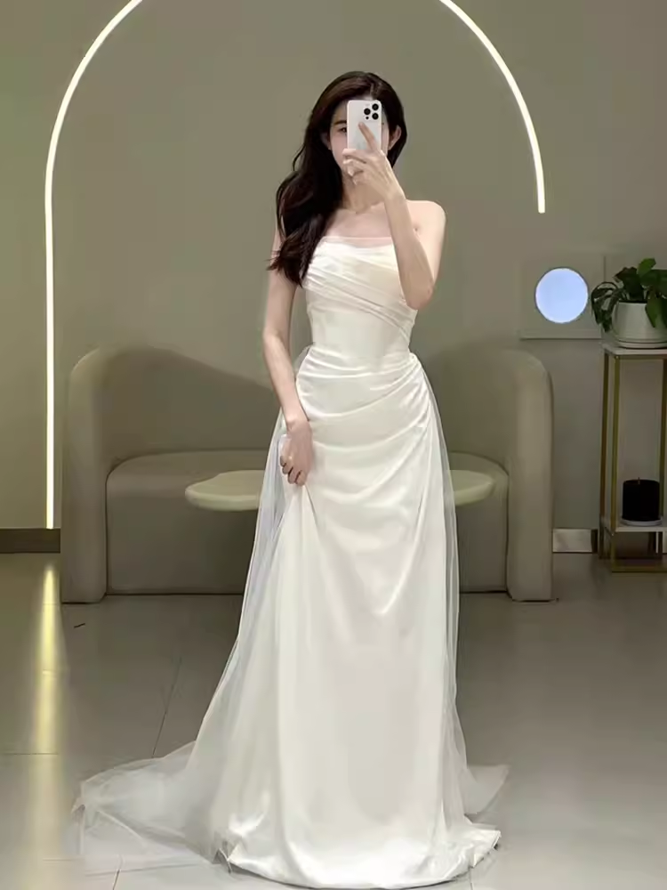 White Mermaid Strapless Satin Wedding Dress With Sleeves