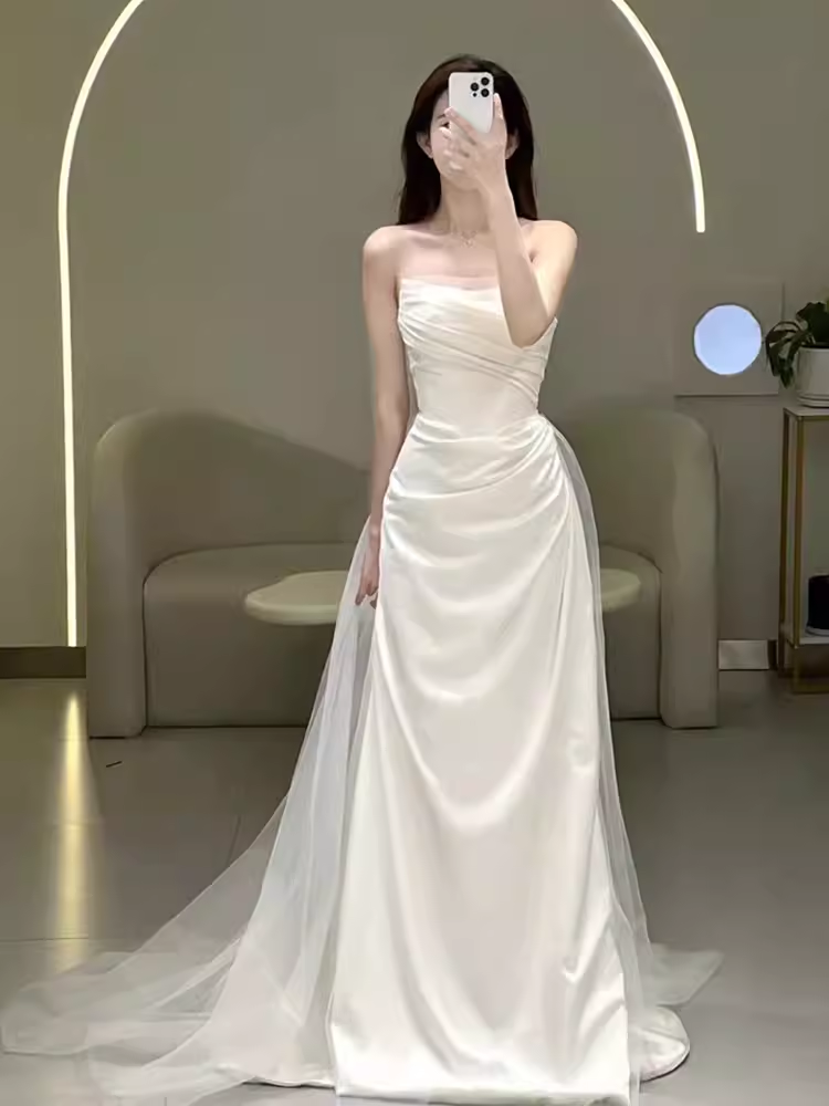 White Mermaid Strapless Satin Wedding Dress With Sleeves