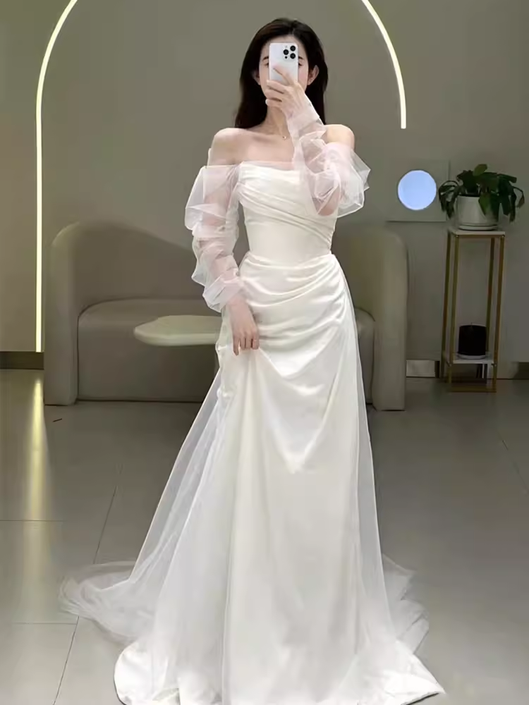 White Mermaid Strapless Satin Wedding Dress With Sleeves