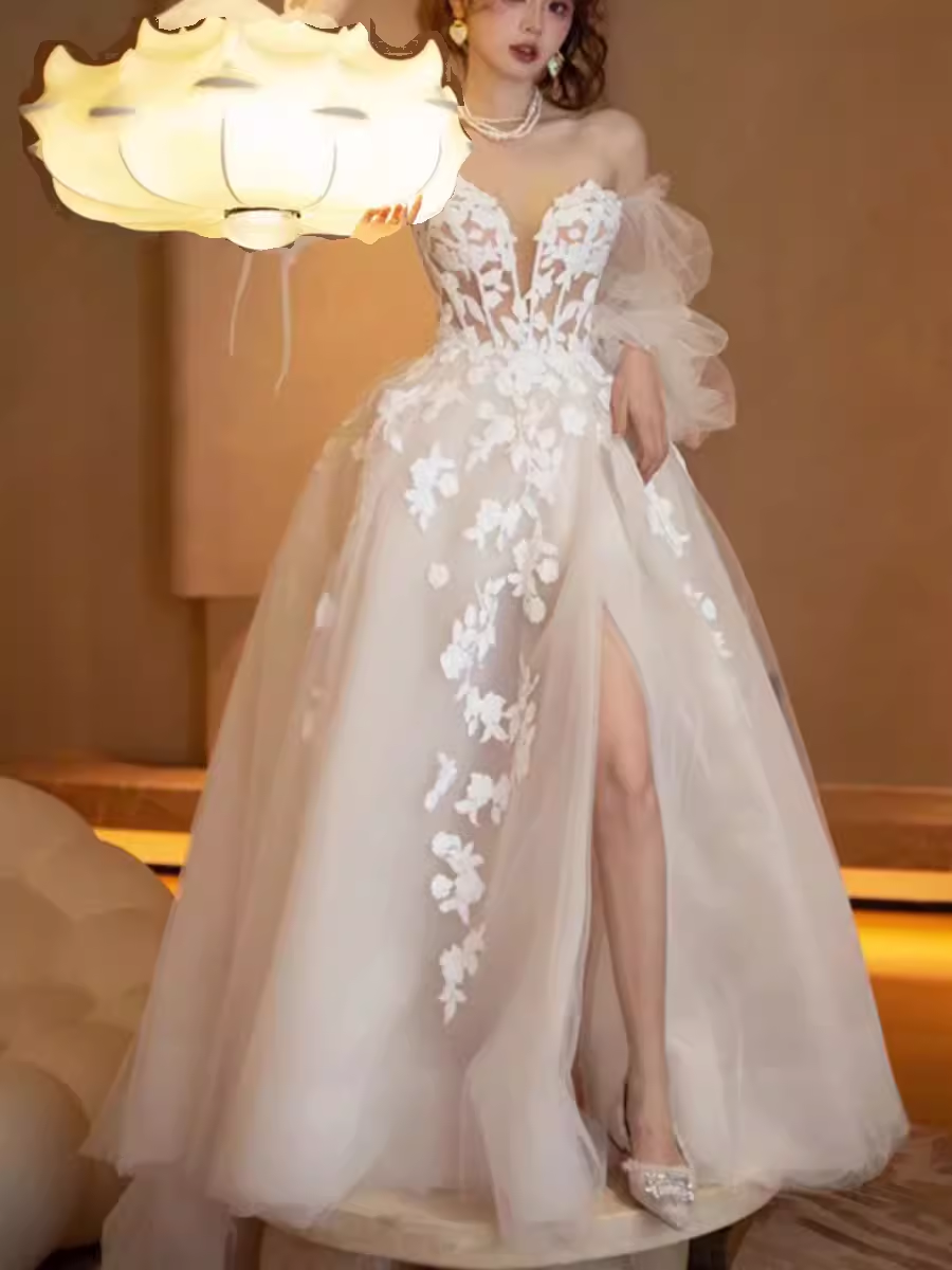 Vintage A Line Strapless Lace White Wedding Dress With Slit
