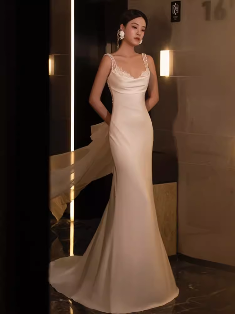 Chic Mermaid Straps Satin White Wedding Dress With Pearls