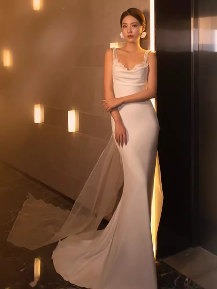 Chic Mermaid Straps Satin White Wedding Dress With Pearls