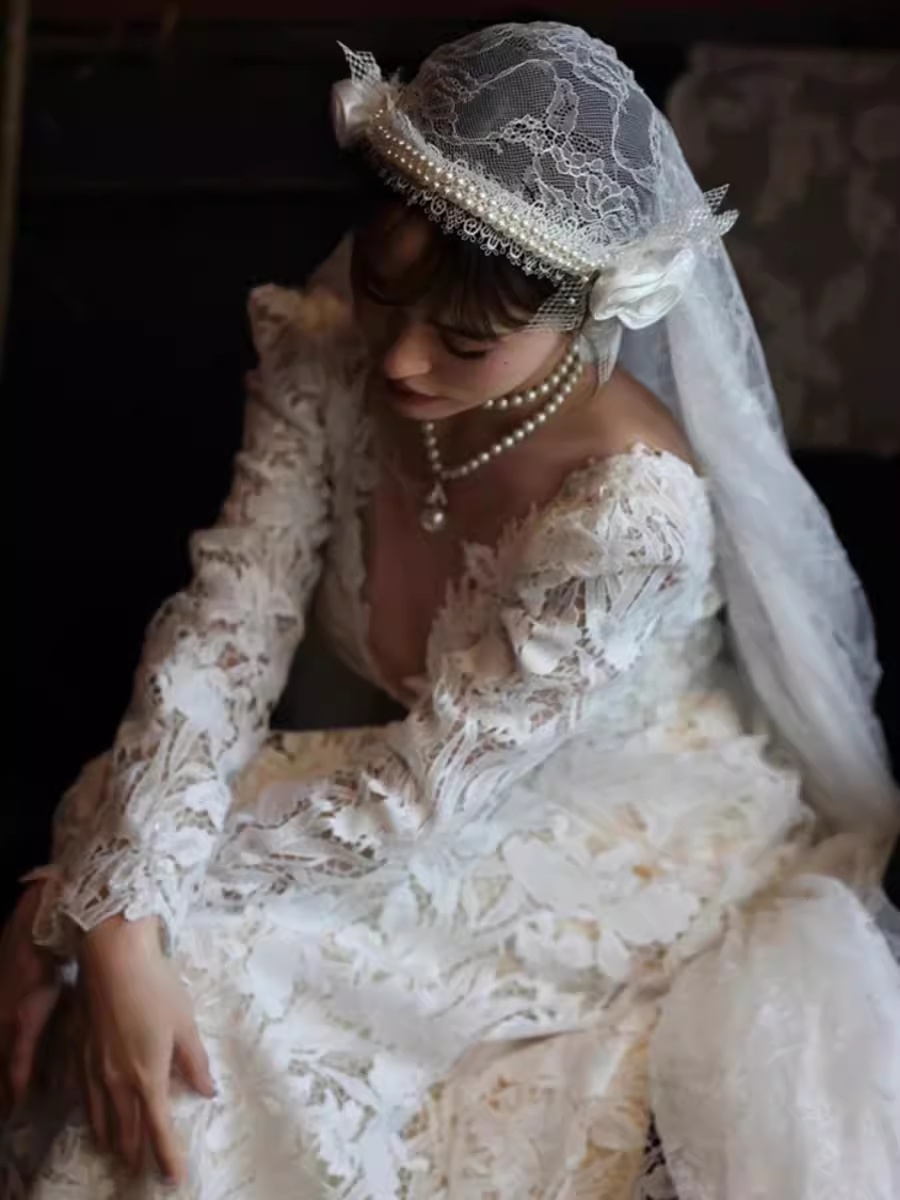 Chic A line V Neckline Lace White Wedding Dress With Long Sleeves