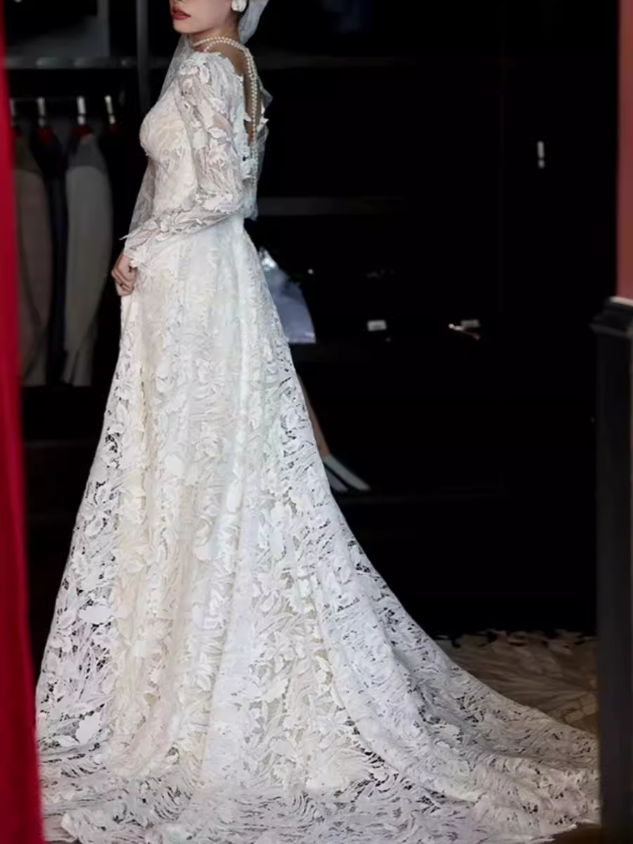 Chic A line V Neckline Lace White Wedding Dress With Long Sleeves