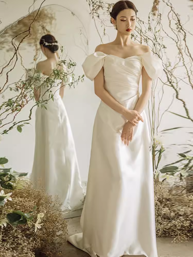 Chic A line Off The Shoulder White Wedding Dress With Short Sleeves