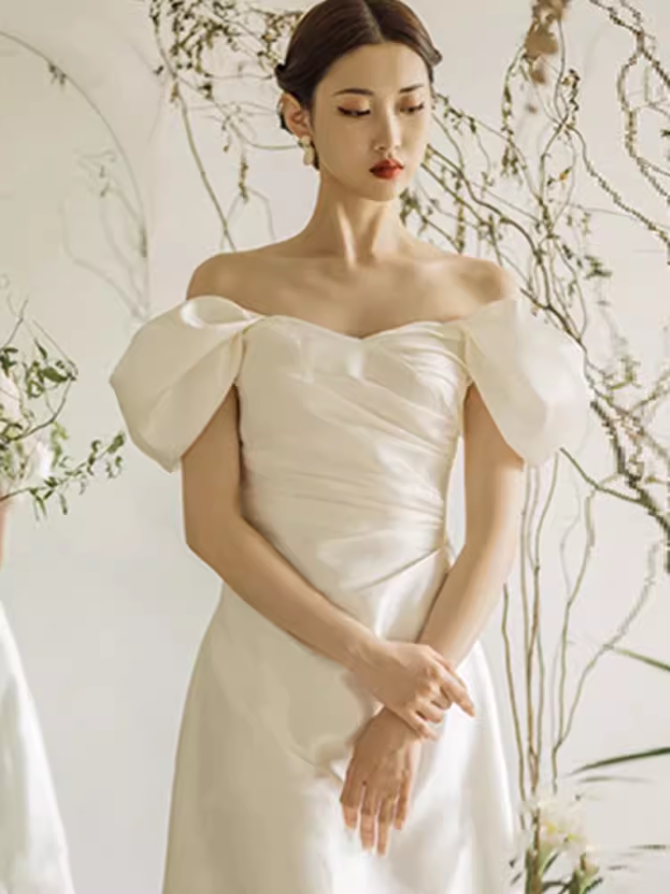 Chic A line Off The Shoulder White Wedding Dress With Short Sleeves