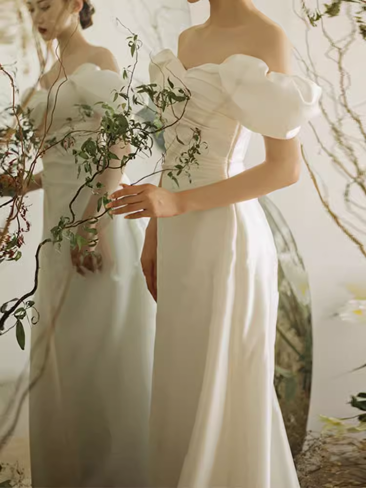 Chic A line Off The Shoulder White Wedding Dress With Short Sleeves