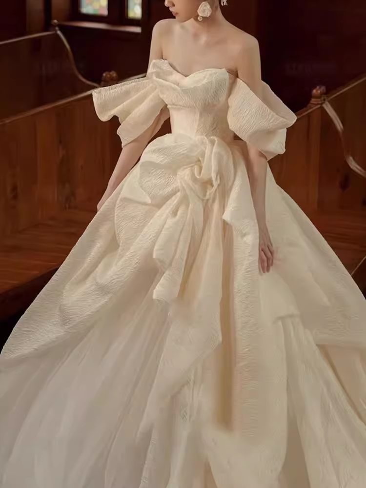Chic Ball Gown Off The Shoulder White Wedding Dress With Short Sleeves
