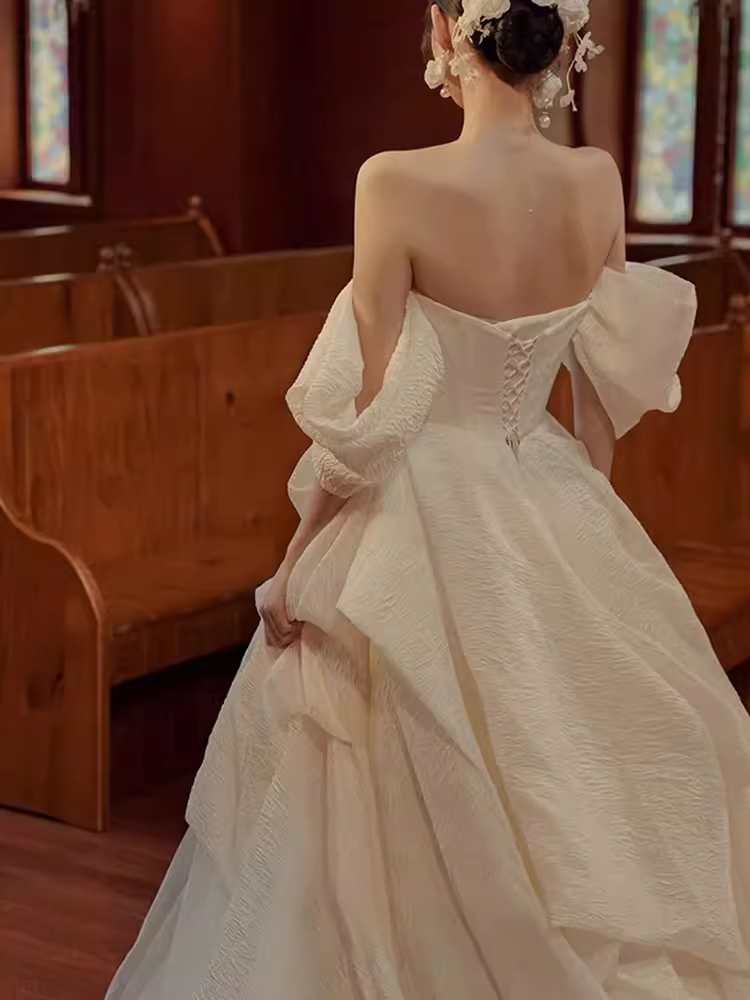 Chic Ball Gown Off The Shoulder White Wedding Dress With Short Sleeves
