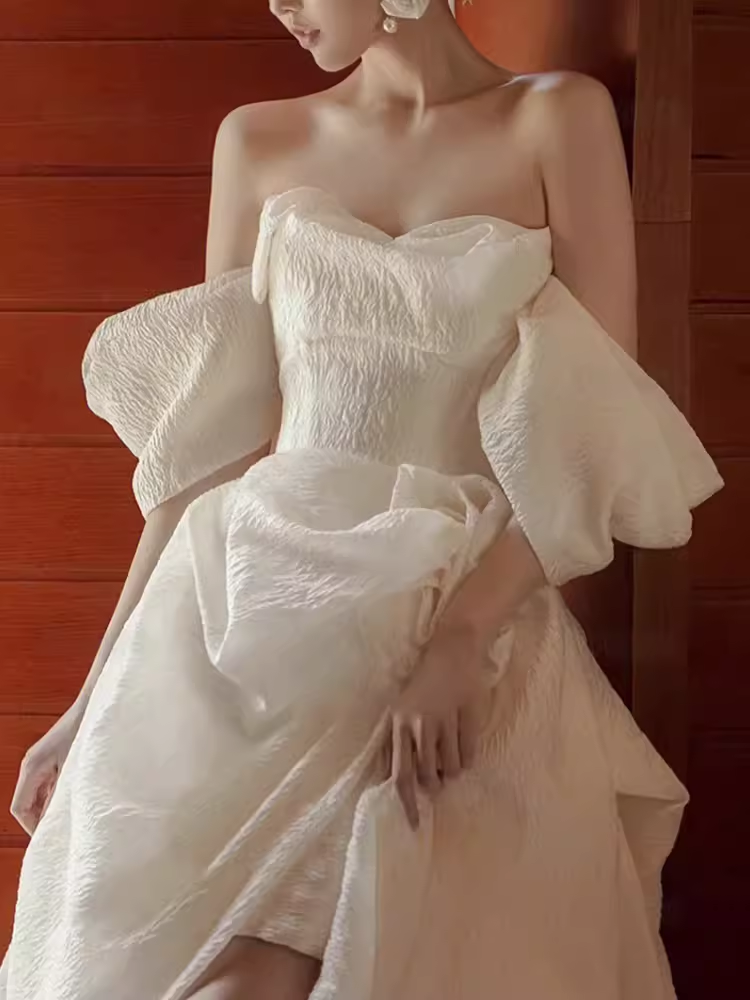 Chic Ball Gown Off The Shoulder White Wedding Dress With Short Sleeves