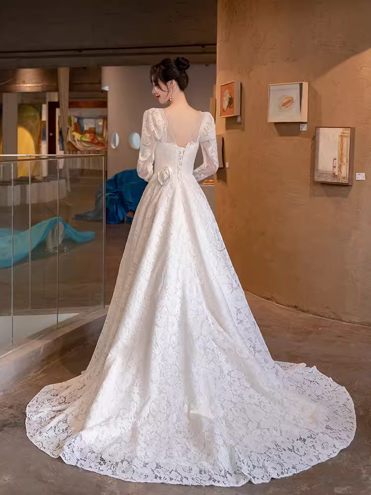 Chic A line Square Neckline Lace White Wedding Dress With Long Sleeves