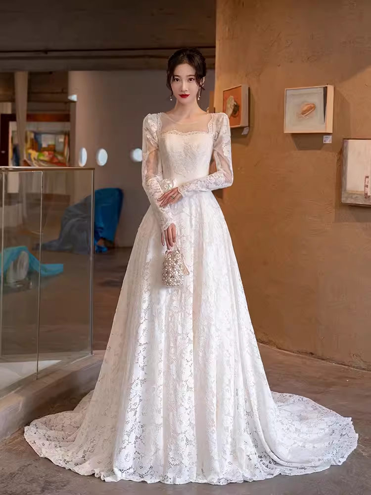 Chic A line Square Neckline Lace White Wedding Dress With Long Sleeves