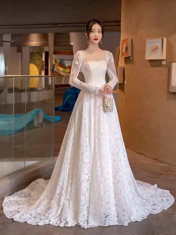 Chic A line Square Neckline Lace White Wedding Dress With Long Sleeves