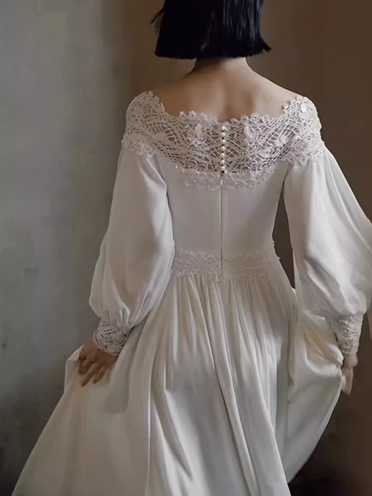 Chic A line Off The Shoulder Lace White Wedding Dress With Long Sleeves