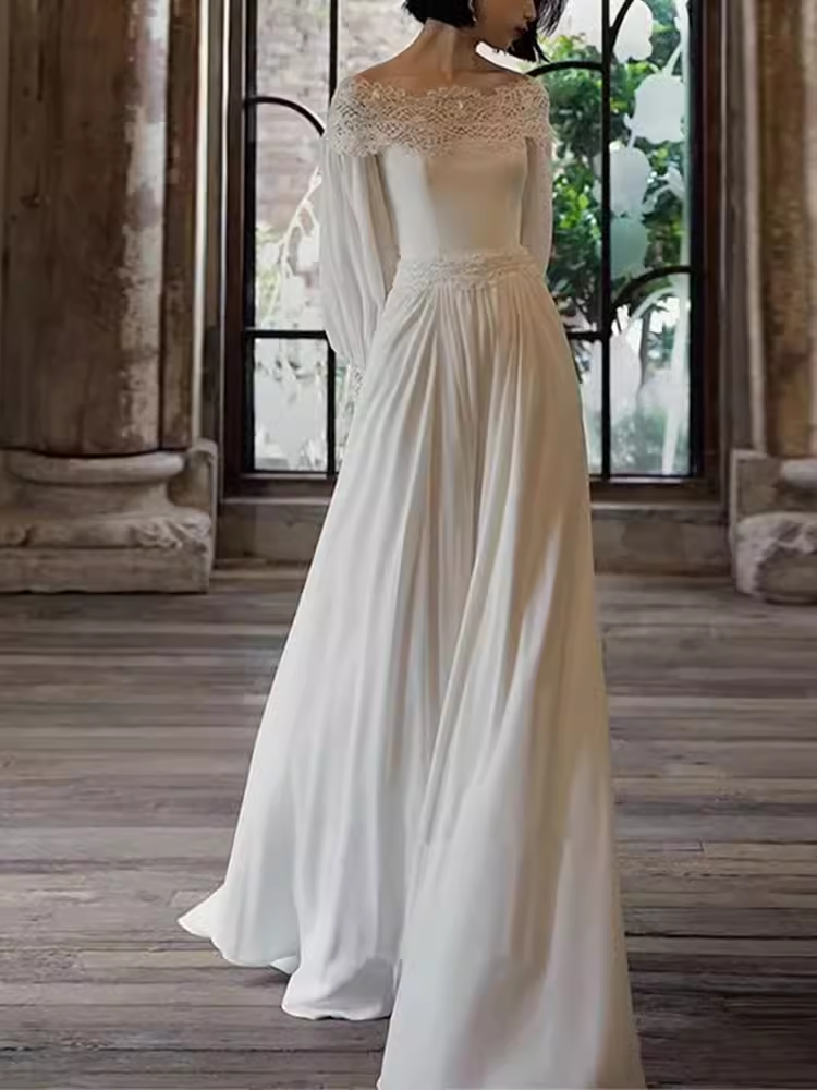 Chic A line Off The Shoulder Lace White Wedding Dress With Long Sleeves
