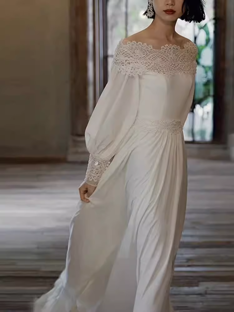 Chic A line Off The Shoulder Lace White Wedding Dress With Long Sleeves