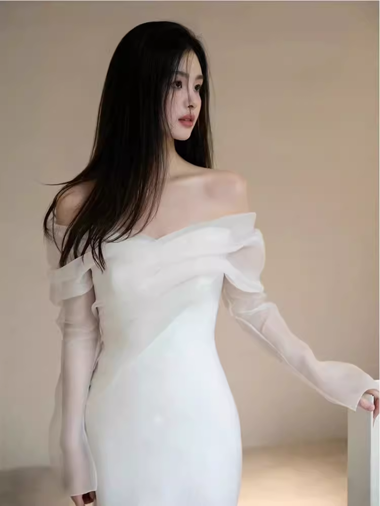 Chic Mermaid Off The Shoulder White Wedding Dress With Long Sleeves