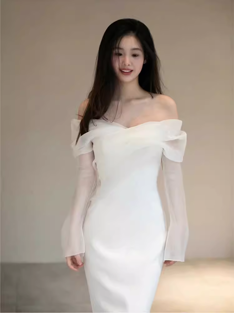Chic Mermaid Off The Shoulder White Wedding Dress With Long Sleeves