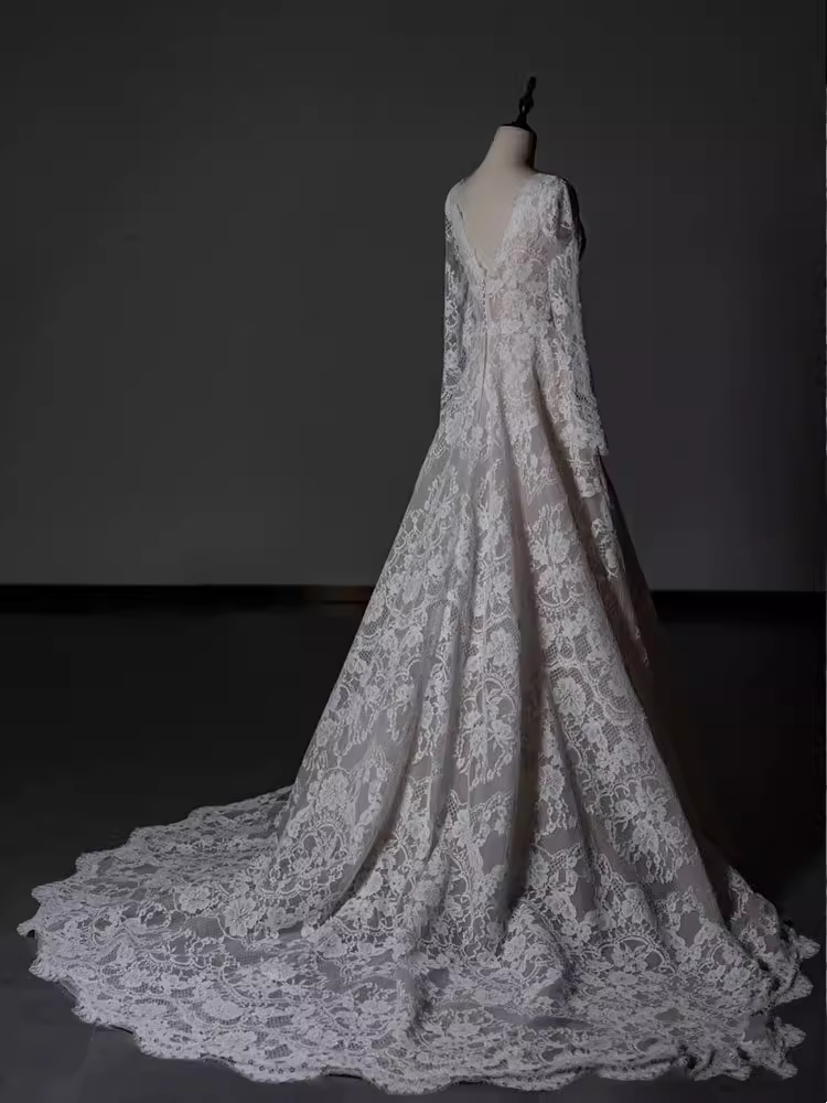 Chic A line V Neckline Lace White Wedding Dress With Long Sleeves