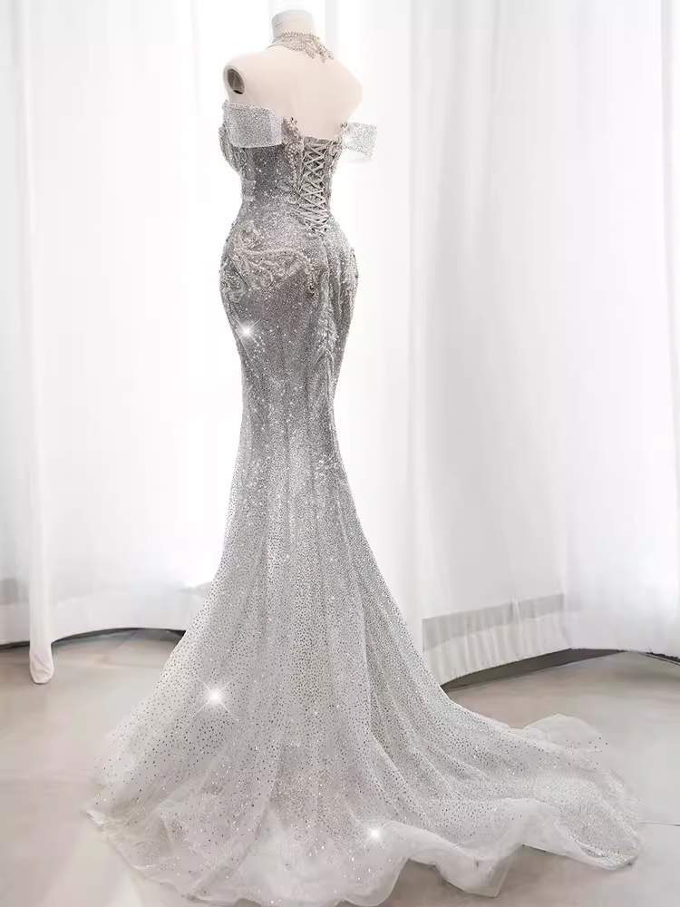 Luxury Mermaid Off The Shoulder Short Sleeves Silver Sequin Wedding Dresses