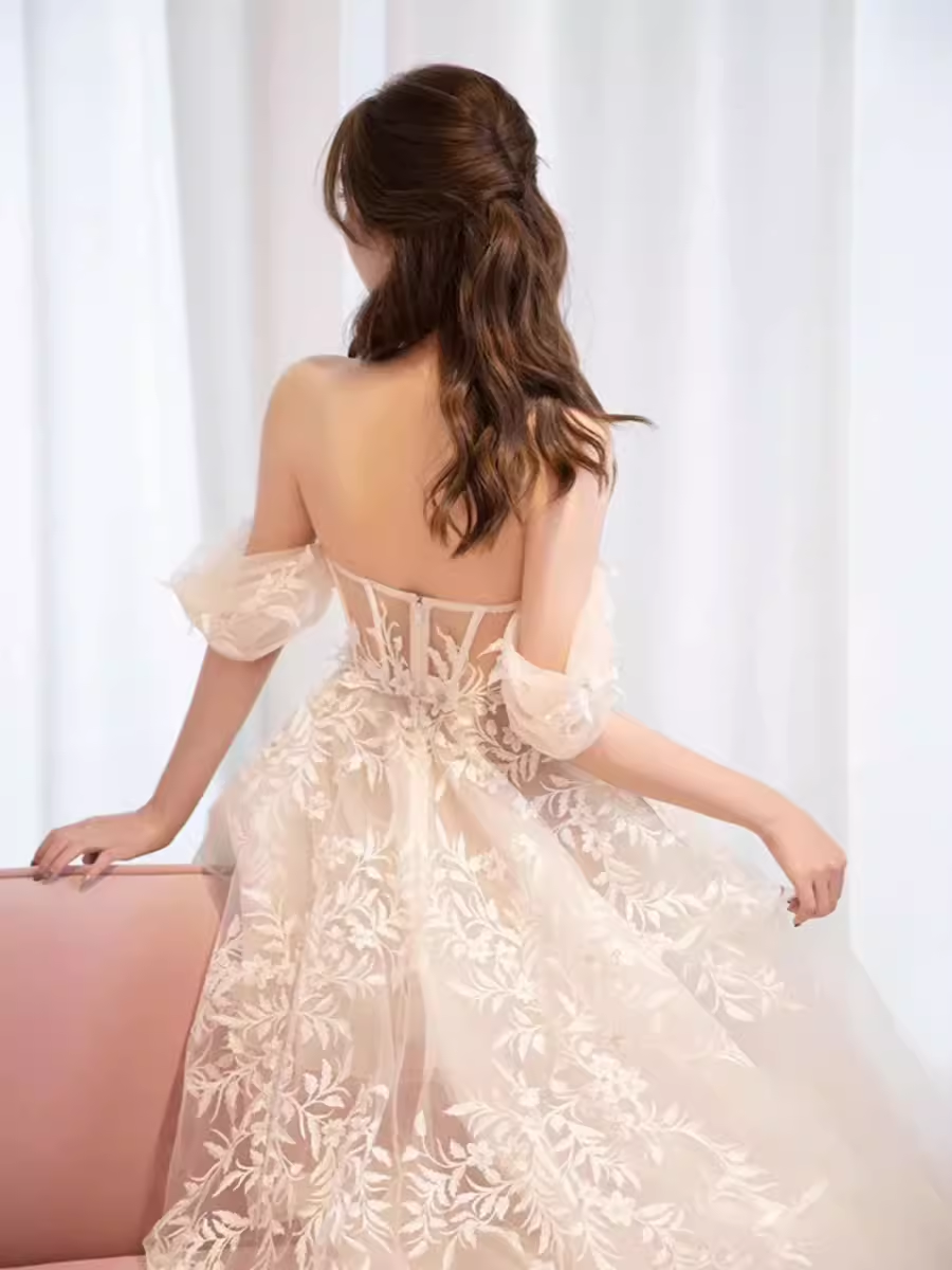 Chic A line Off The Shoulder White Lace Wedding Dress With Cap Sleeves