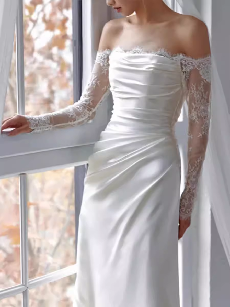 Chic Sheath Off The Shoulder Satin Lace White Wedding Dress With Long Sleeves