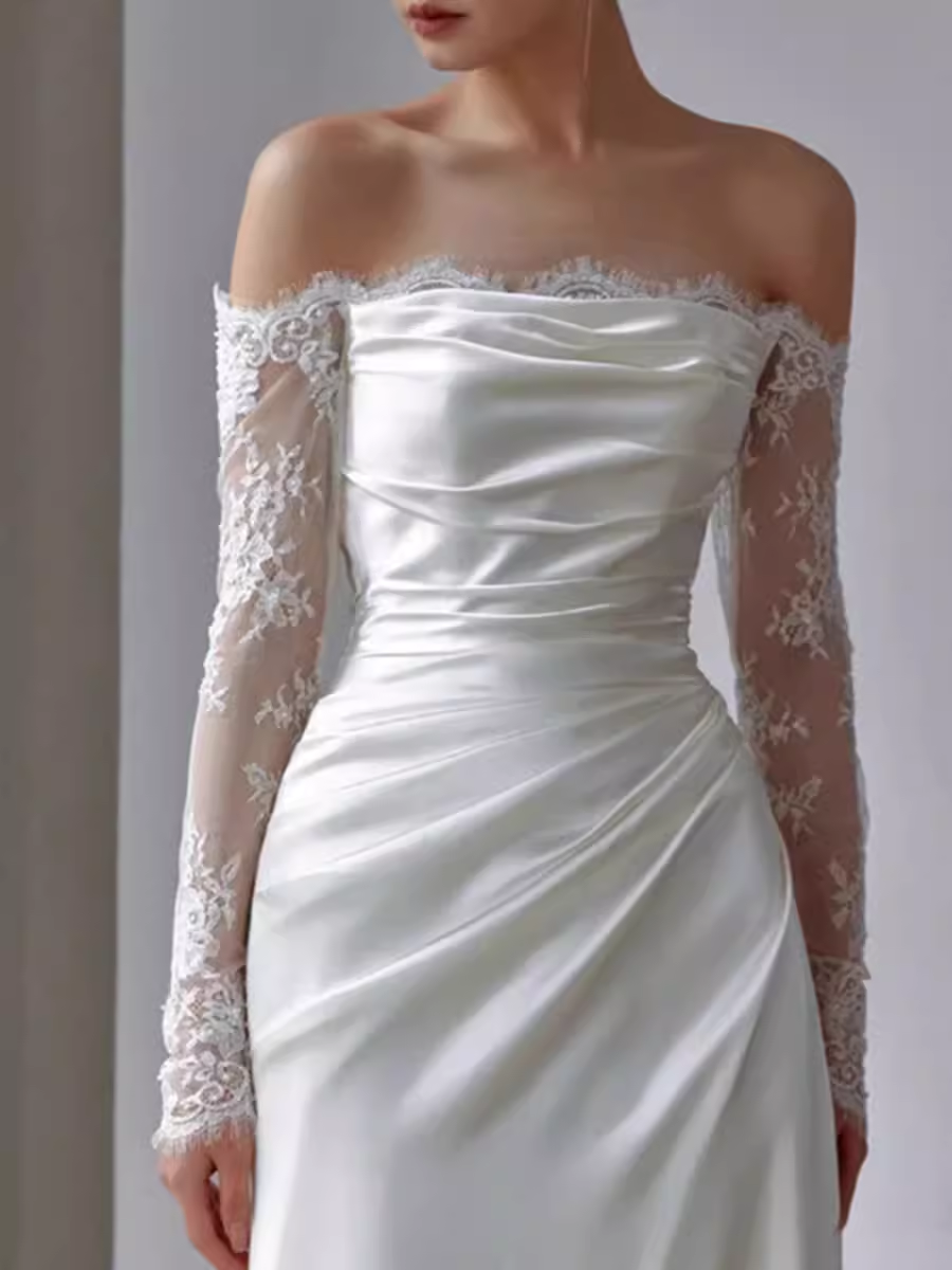 Chic Sheath Off The Shoulder Satin Lace White Wedding Dress With Long Sleeves