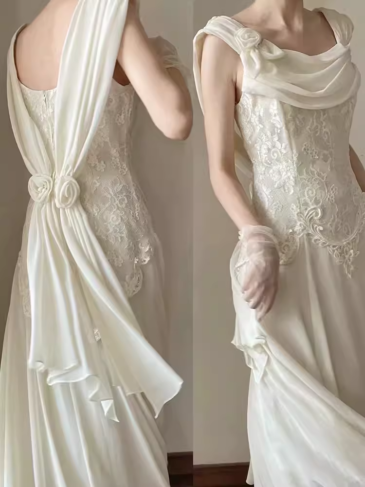 Chic A Line Chiffon Lace White Wedding Dresses