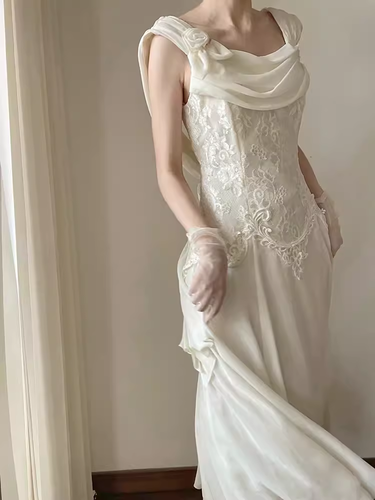 Chic A Line Chiffon Lace White Wedding Dresses