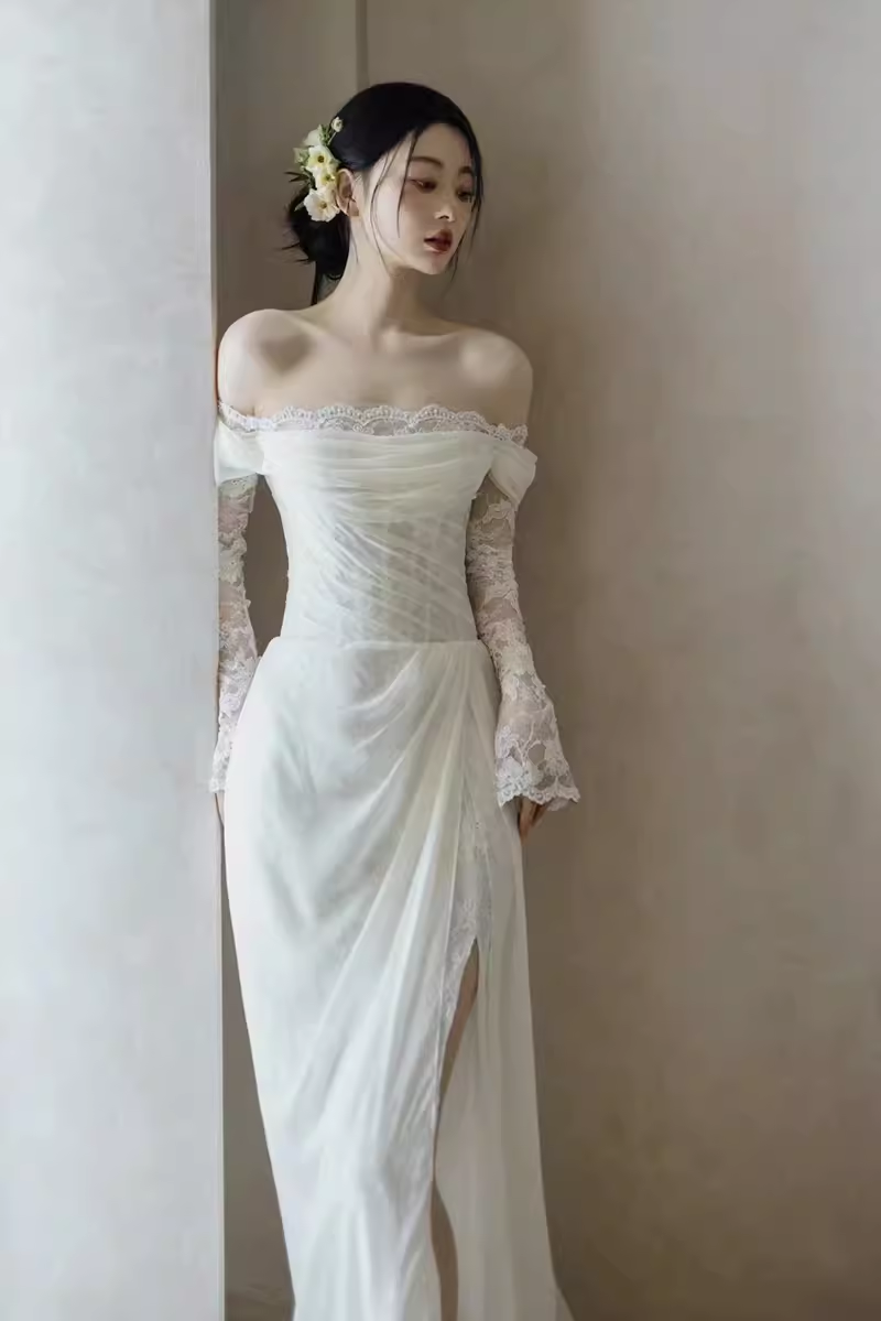 Chic Sheath Off The Shoulder Long Sleeves Lace White Wedding Dresses
