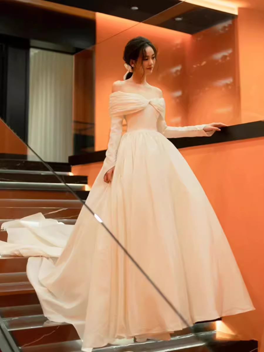 Simple Ball Gown Off The Shoulder Long Sleeves White Wedding Dresses