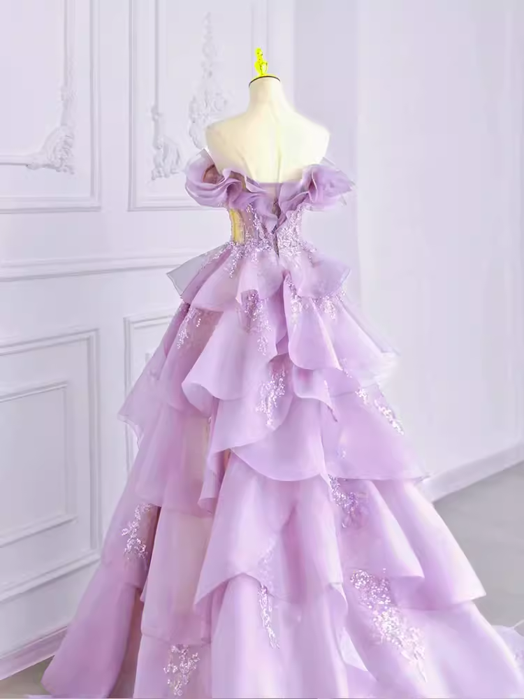 Fairy Ball Gown Off The Shoulder Lace Lilac Long Prom Dress