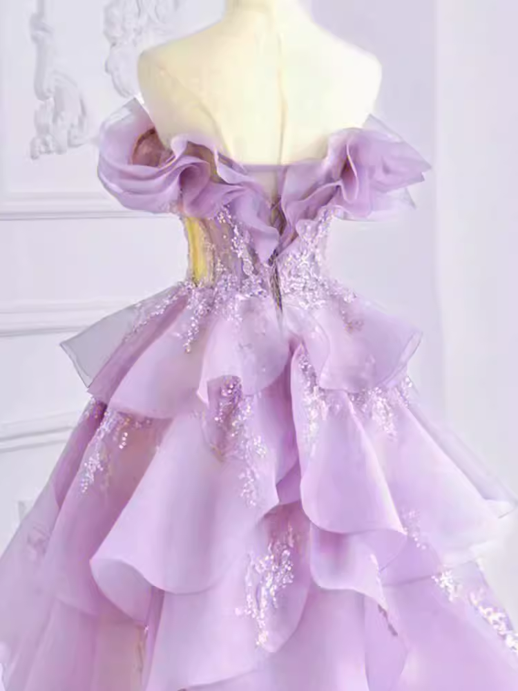 Fairy Ball Gown Off The Shoulder Lace Lilac Long Prom Dress