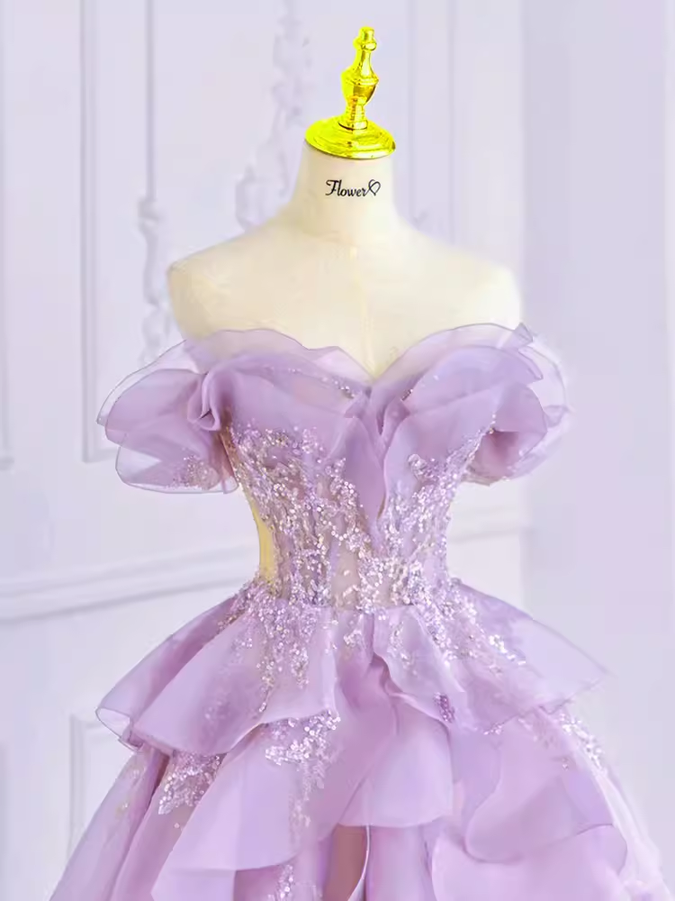 Fairy Ball Gown Off The Shoulder Lace Lilac Long Prom Dress