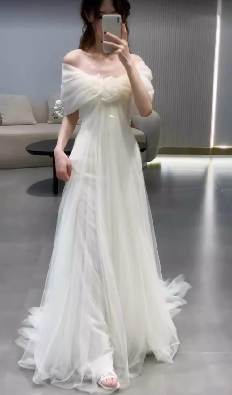 Simple A Line Off The Shoulder Tulle White Long Wedding Dresses