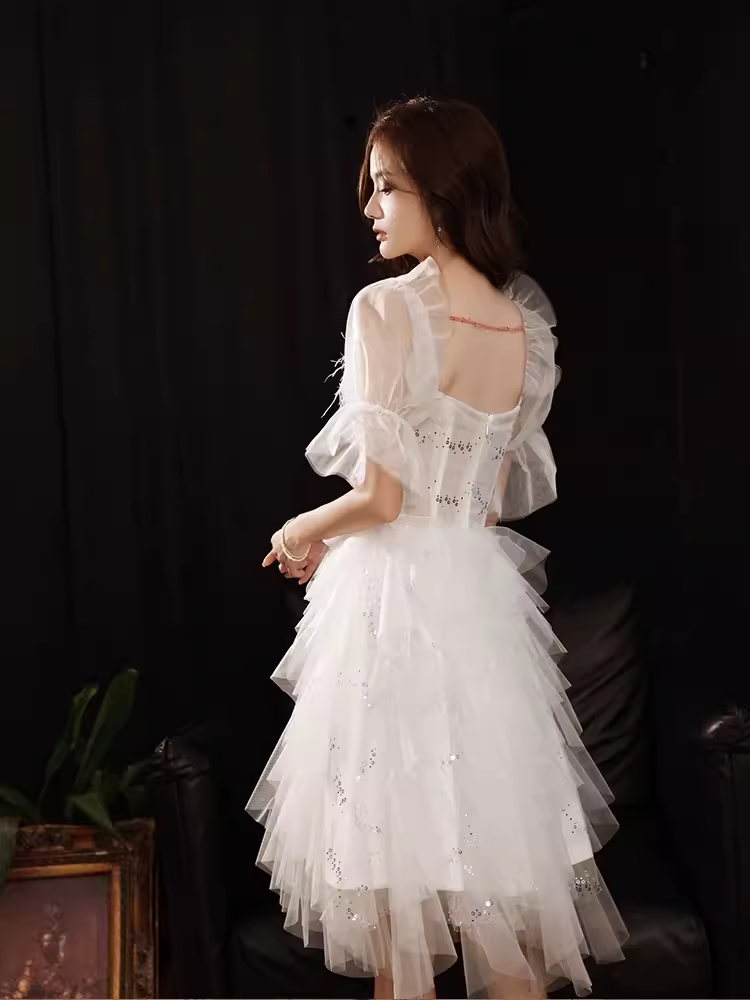 Cute A line Square Neckline Tulle Short Homecoming Dress White Hoco Dresses
