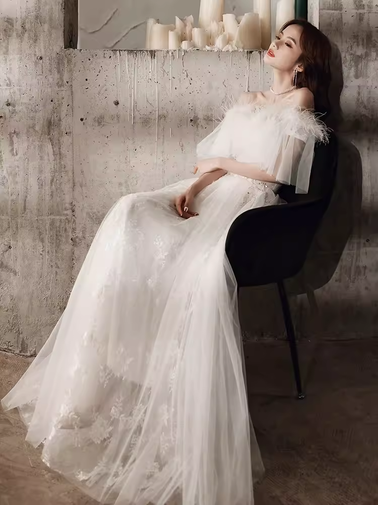 Princess A Line Off The Shoulder Tulle White Long Wedding Dresses