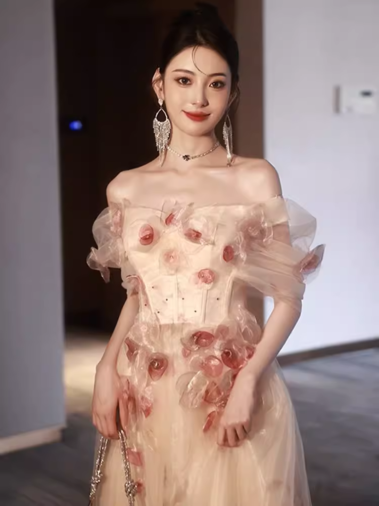 Sexy A line Off The Shoulder Tulle Flowers Long Prom Dresses